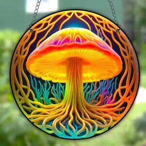 Neon Mushroom Suncatcher 6" Metal Chain Trippy Neon Colorful Roots Jellyfish NEW
